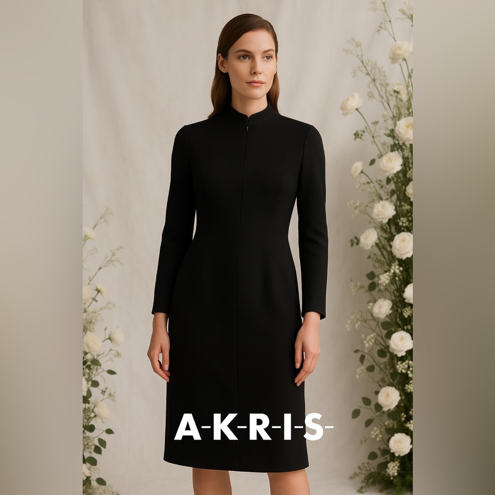 Akris Wool Silk Black Long Sleeve Cocktail Dress | Elegant Luxury Wedding Guest